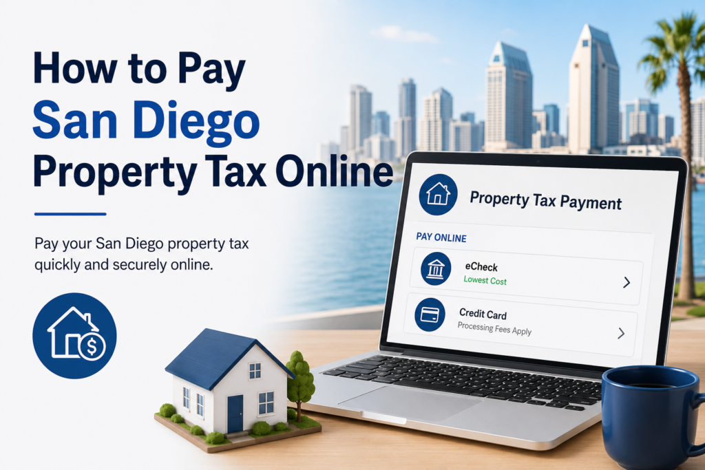 Laptop showing San Diego property tax online payment portal with eCheck and credit card options