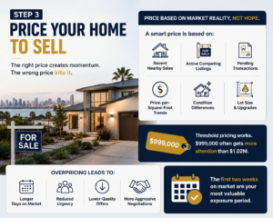 Real estate infographic showing home pricing strategy, market analysis factors, threshold pricing, and selling tips.
