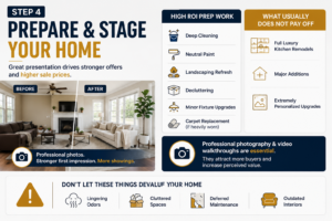Real estate infographic explaining home pricing strategy, market analysis, threshold pricing, and common overpricing risks.