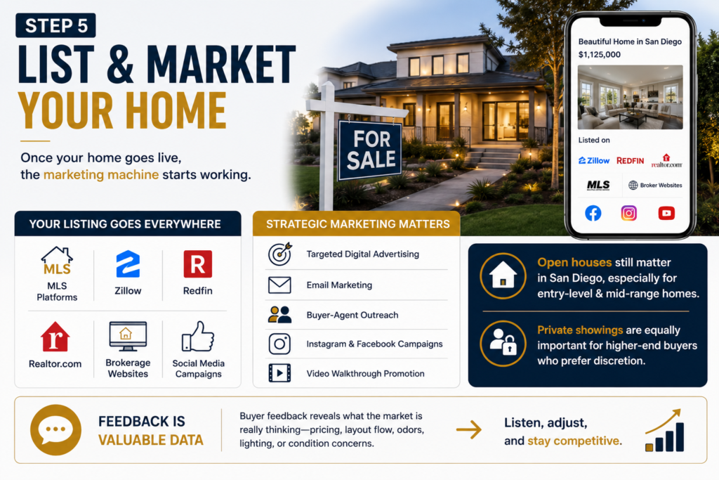 Real estate infographic showing home listing, digital marketing, MLS exposure, social media promotion, and buyer outreach.