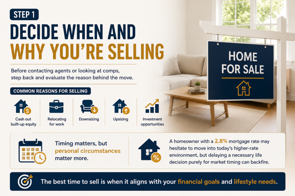 Home selling guide infographic highlighting key reasons to sell and the importance of timing
