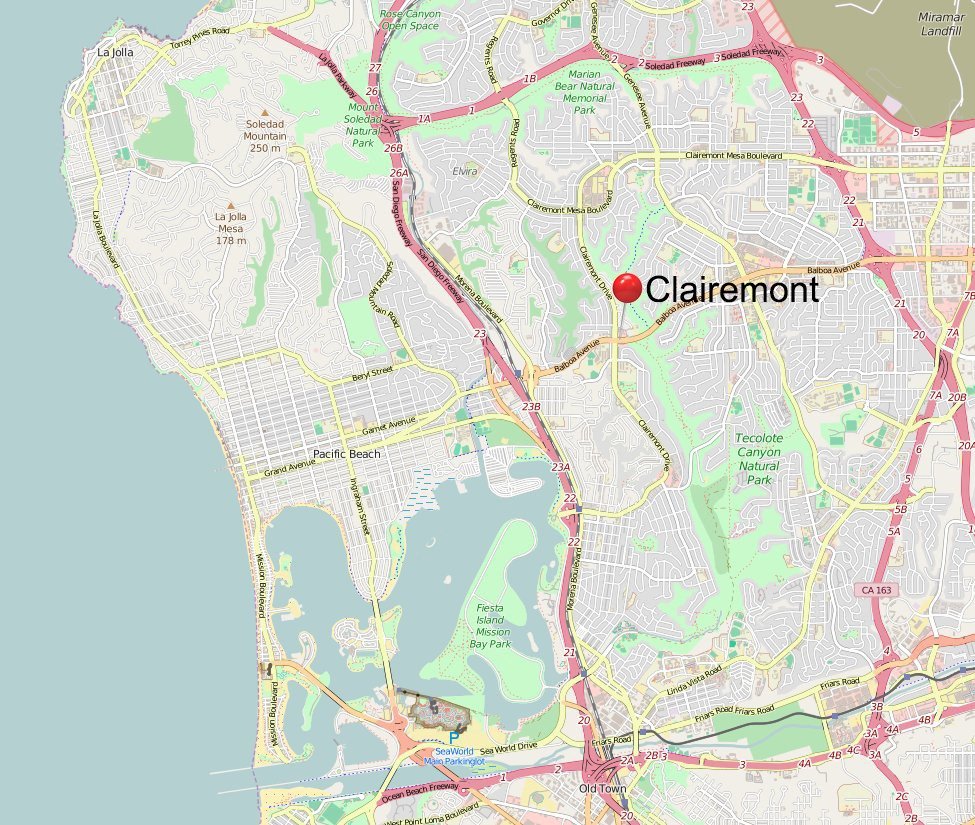Street map of San Diego highlighting the Clairemont neighborhood near Mission Bay and Pacific Beach.