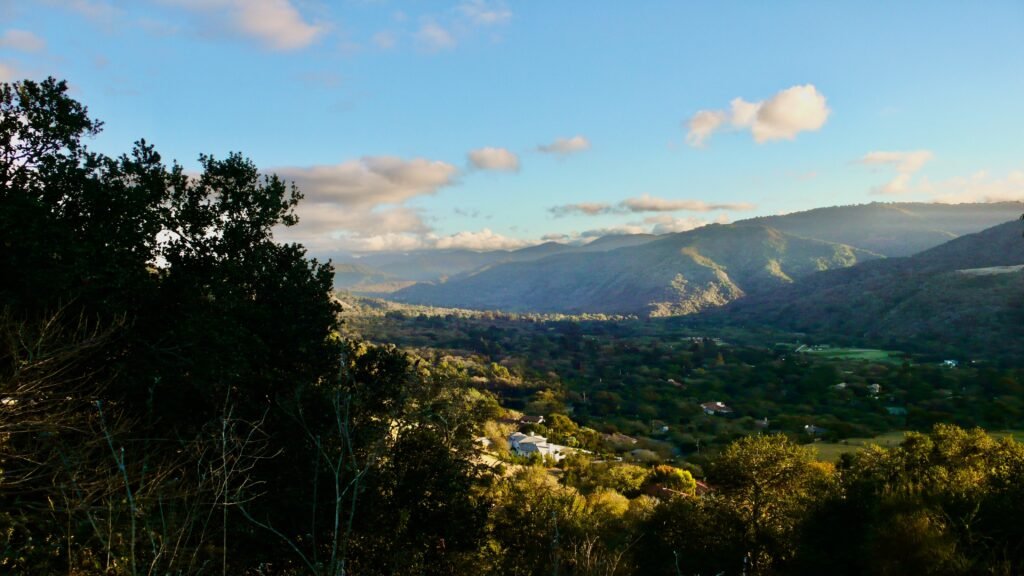 Panoramic view of a green mountain valley with trees, rolling hills, and blue sky during golden hour.