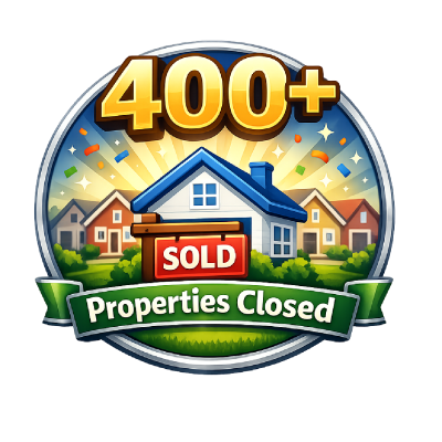 400+ Properties Closed badge with house and sold sign representing successful real estate transactions.