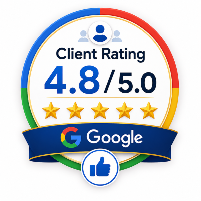 Client Rating 4.8 out of 5 on Google with five-star review badge for trusted real estate services.